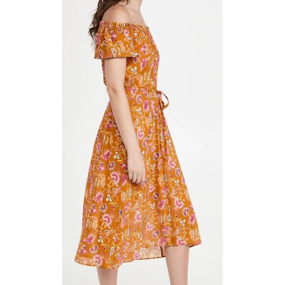 Xirena Poppy Off-The-Shoulder Midi Dress Sunset Floral Belted Pocket Size Medium - Picture 4 of 11
